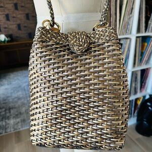Vintage Genuine Leather Gold Woven Bucket Bag